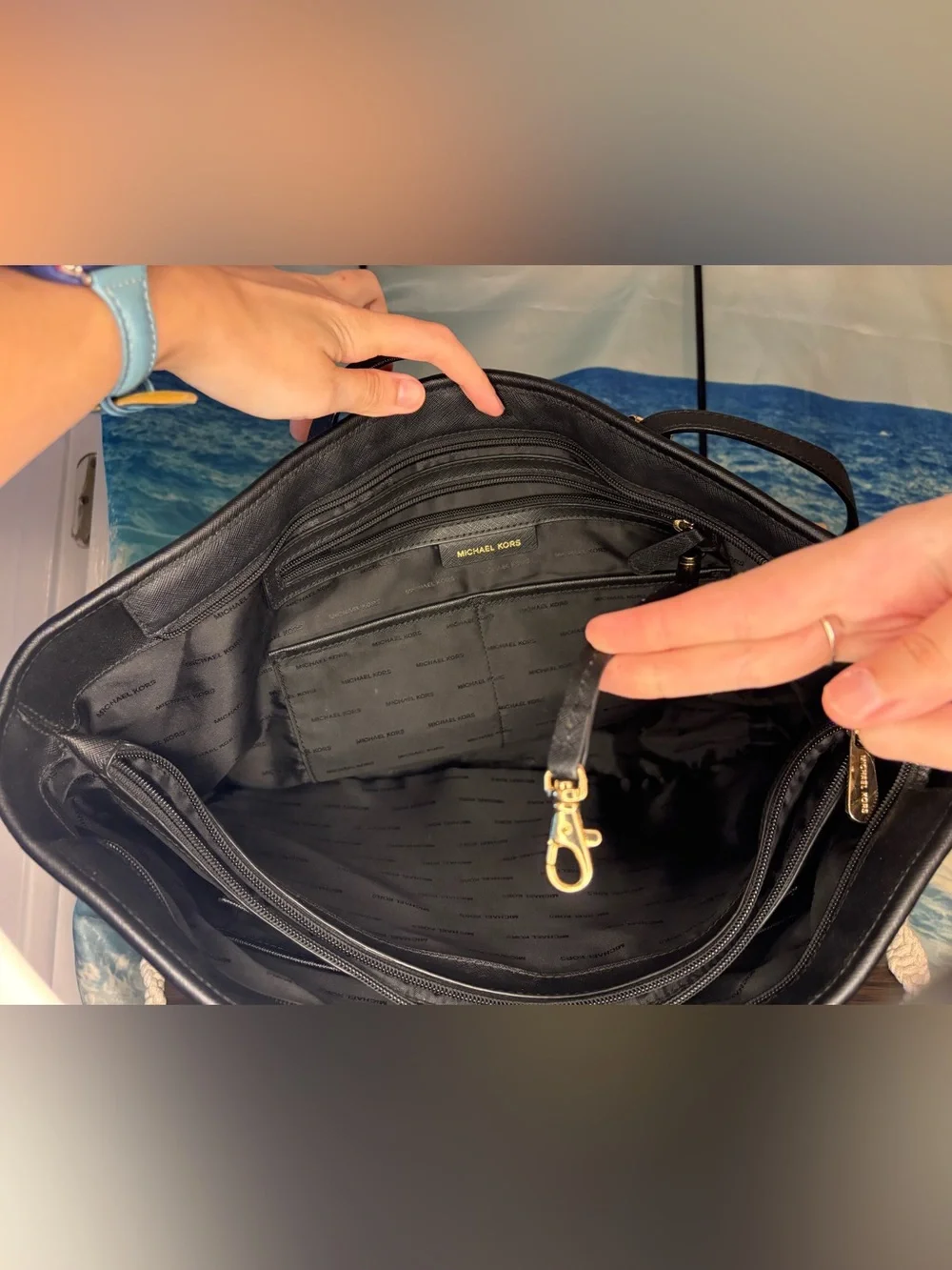 Michael Kors Black Leather Tote with Logo Charm and Gold Accents